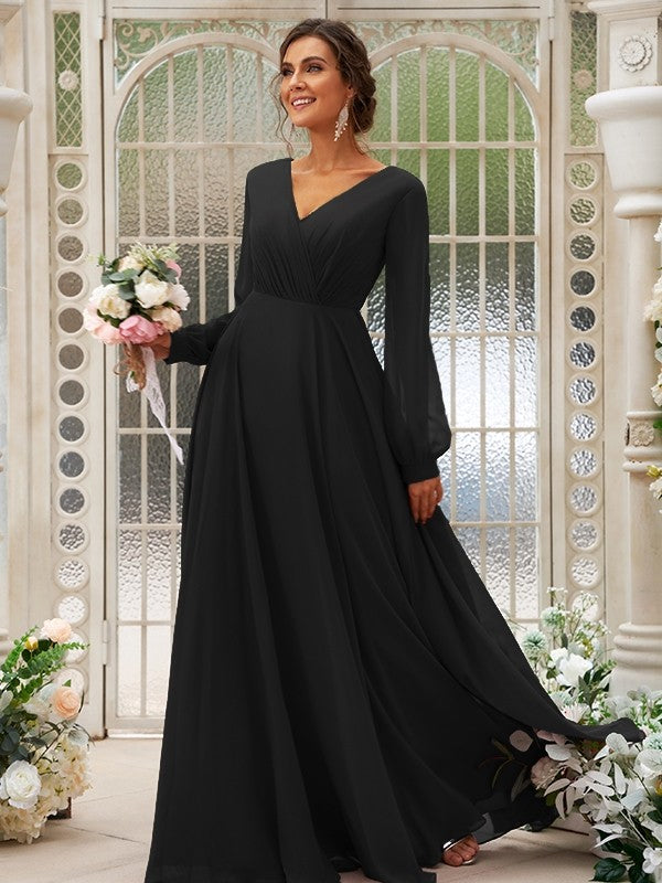 A-Line/Princess Chiffon Ruched V-neck Long Sleeves Floor-Length Bridesmaid Dresses