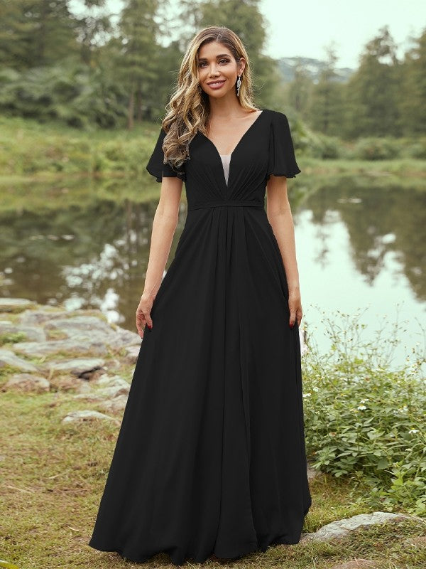 A-Line/Princess Chiffon Ruffles V-neck Short Sleeves Floor-Length Bridesmaid Dresses