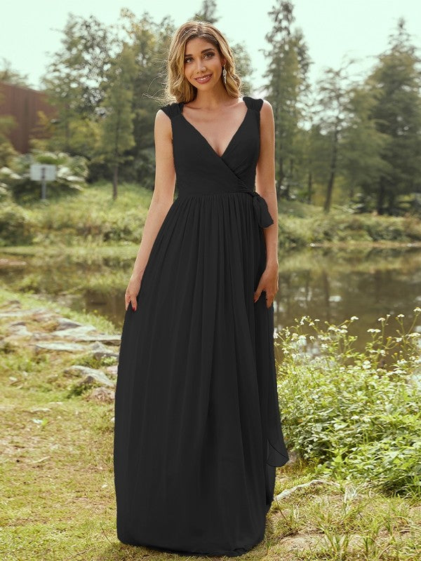 A-Line/Princess Chiffon Ruffles V-neck Sleeveless Floor-Length Bridesmaid Dresses