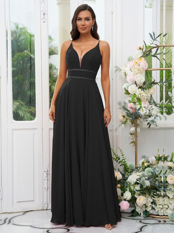 A-Line/Princess Chiffon Ruffles V-neck Sleeveless Floor-Length Bridesmaid Dresses