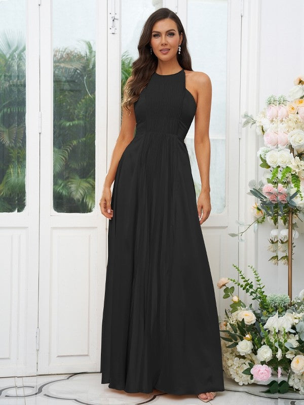 A-Line/Princess Silk like Satin Ruffles Halter Sleeveless Floor-Length Bridesmaid Dresses