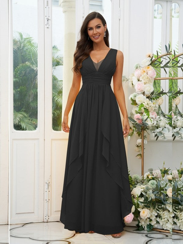 A-Line/Princess Chiffon Ruffles V-neck Sleeveless Floor-Length Bridesmaid Dresses