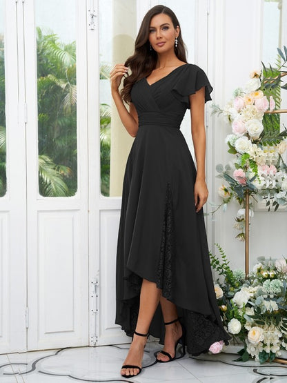 A-Line/Princess Chiffon Lace V-neck Short Sleeves Asymmetrical Bridesmaid Dresses