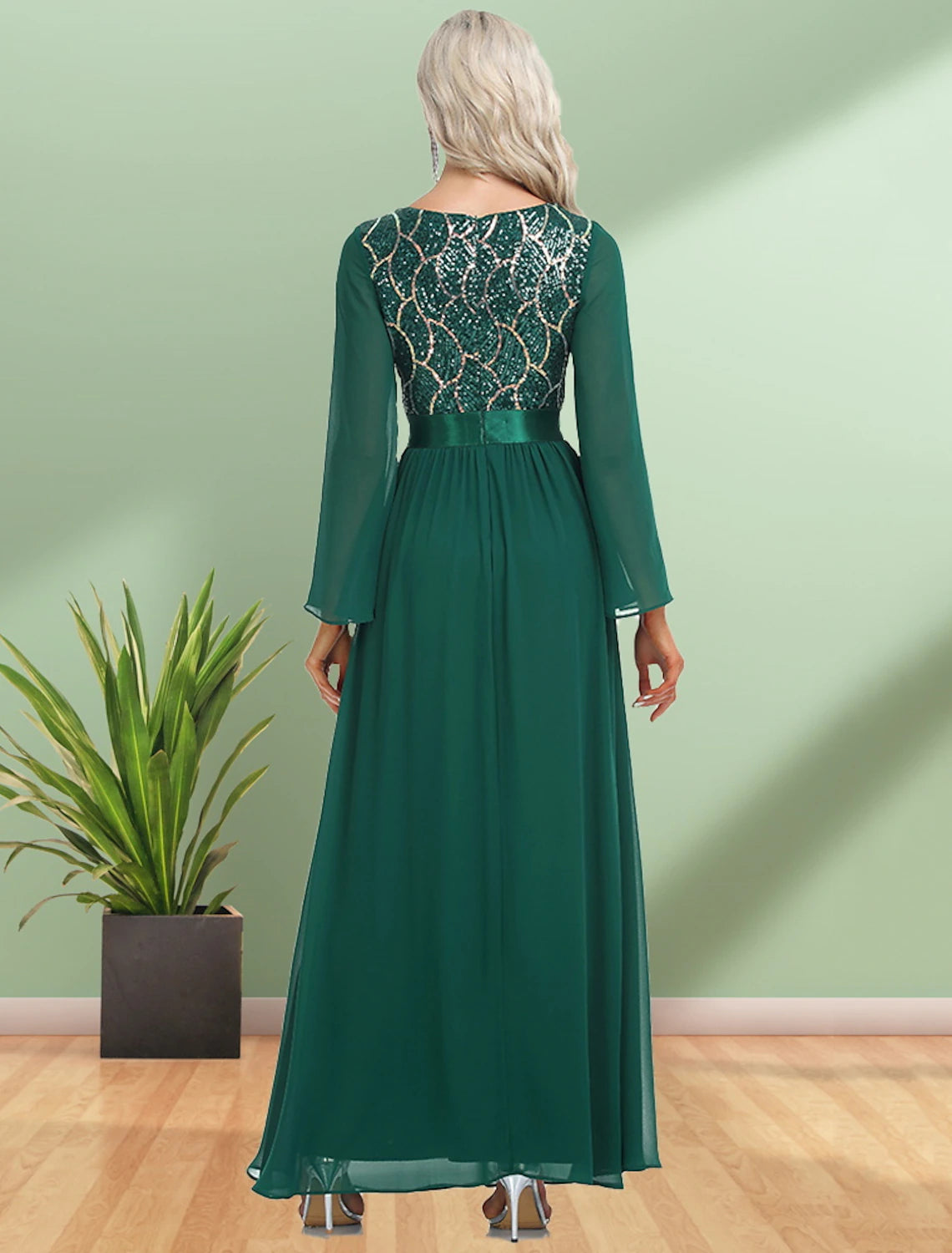A-Line Evening Gown Sparkle & Shine Dress Party Wear Wedding Guest Floor Length Long Sleeve V Neck Chiffon with Sequin