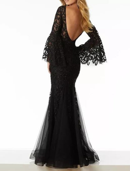 Mermaid / Trumpet Mother of the Bride Dress Elegant Sexy V Neck Floor Length Lace Tulle Long Sleeve with Sequin Appliques