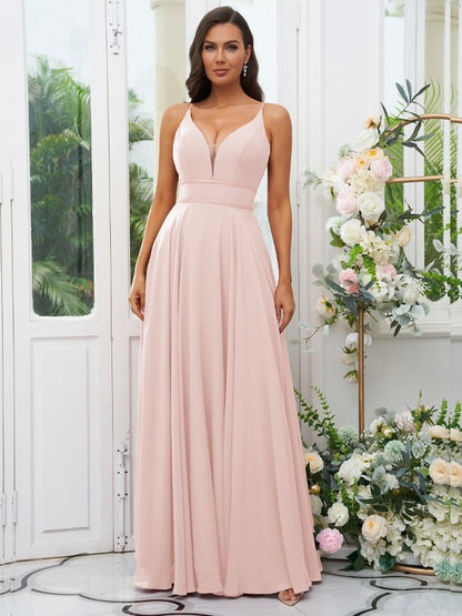 A-Line/Princess Chiffon Ruffles V-neck Sleeveless Floor-Length Bridesmaid Dresses