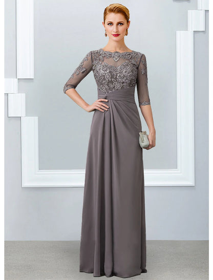 Sheath / Column Mother of the Bride Dress Elegant Jewel Neck Floor Length Chiffon Lace 3/4 Length Sleeve with Appliques
