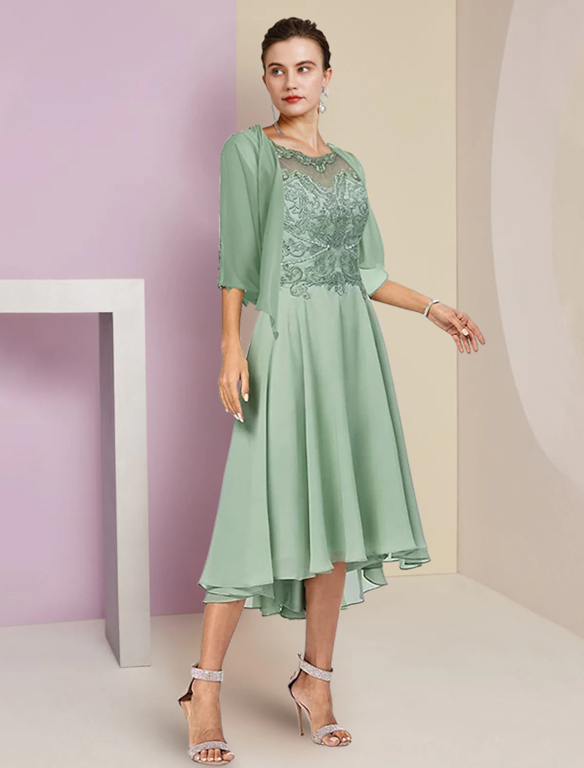 Two Piece A-Line Mother of the Bride Dress Formal Wedding Guest Elegant High Low Scoop Neck Asymmetrical Tea Length Chiffon Lace Half Sleeve Wrap Included with Beading Appliques