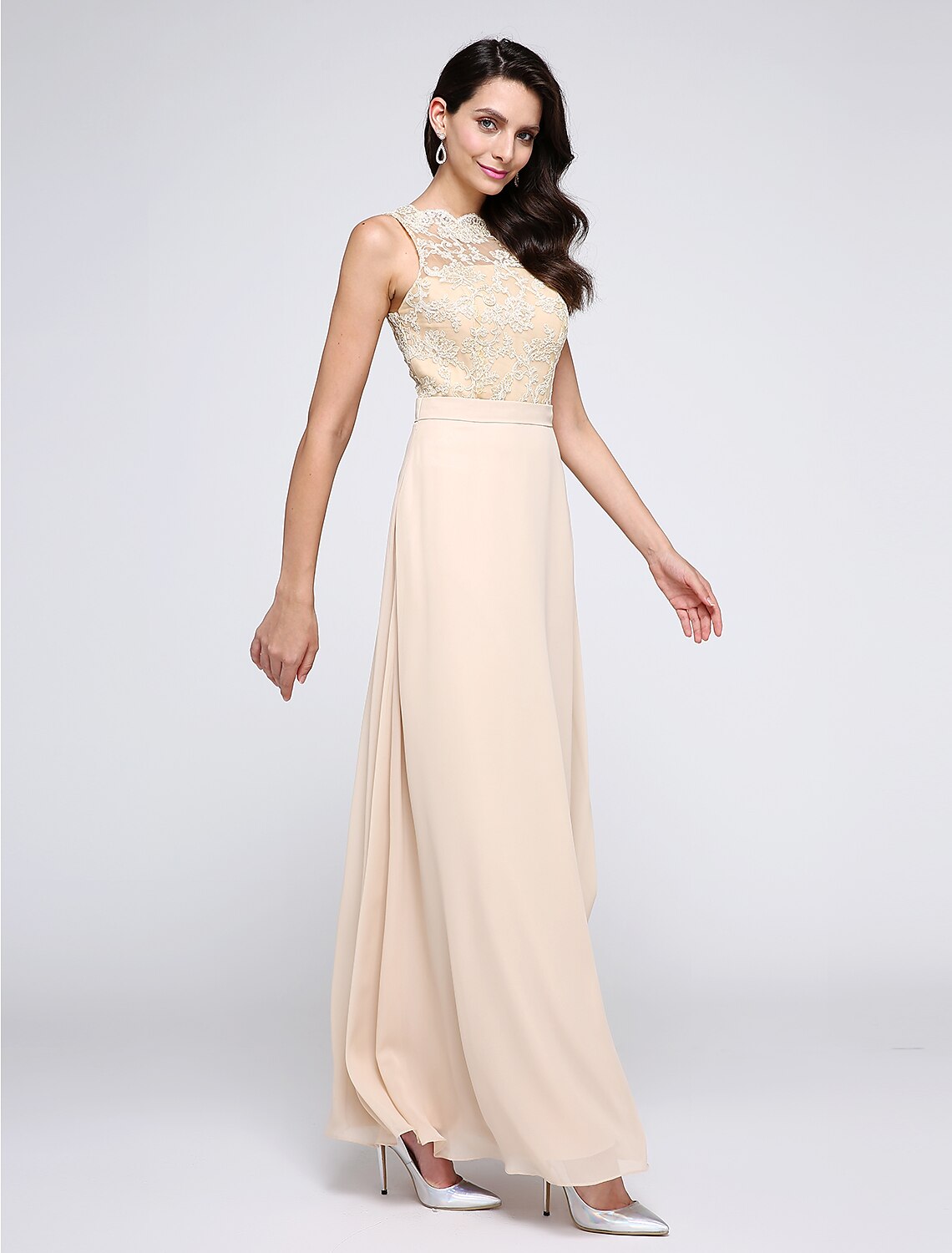 Sheath / Column Beautiful Back Dress Holiday Cocktail Party Ankle Length Sleeveless Jewel Neck Chiffon with Lace