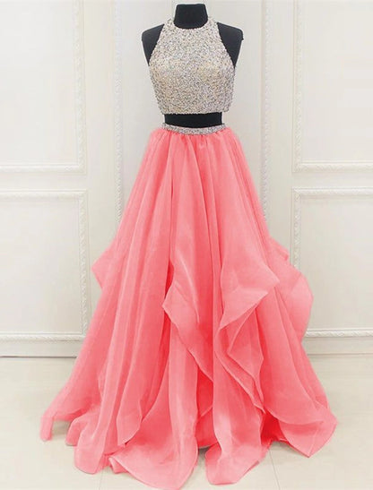 Two Piece Ball Gown Prom Dresses Sparkle & Shine Dress Party Wear Prom Floor Length Sleeveless Halter Neck Organza with Sequin