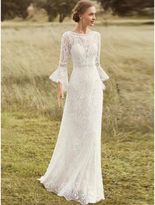 Beach Boho Wedding Dresses A-Line Scoop Neck Long Sleeve Sweep / Brush Train Lace Bridal Gowns With Lace Solid Color Summer Wedding Party