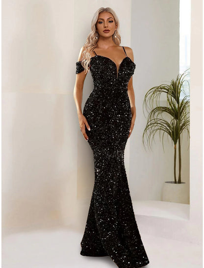 Mermaid / Trumpet Evening Gown Sparkle & Shine Dress Formal Black Tie Floor Length Short Sleeve Spaghetti Strap Sequined with Sequin