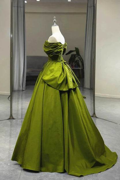 Green A-line Off Shoulder Satin Long Party Dress Green Satin Formal Dress Prom Dress