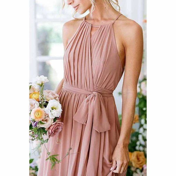 Halter Chiffon Bridesmaid Dress Long A-Line Weddign Guest Dresses