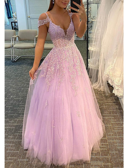 A-Line Prom Dresses Empire Dress Formal Wedding Guest Floor Length Sleeveless V Neck Tulle Backless with Pleats Appliques