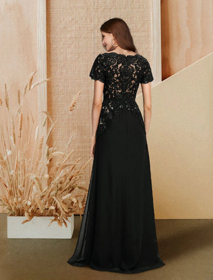 A-Line Evening Gown Empire Dress Engagement Formal Evening Floor Length Short Sleeve V Neck Chiffon with Sequin Lace Insert
