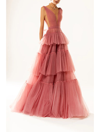 A-Line Elegant Princess Wedding Guest Formal Evening Dress V Neck Sleeveless Court Train Tulle with Tier Pure Color