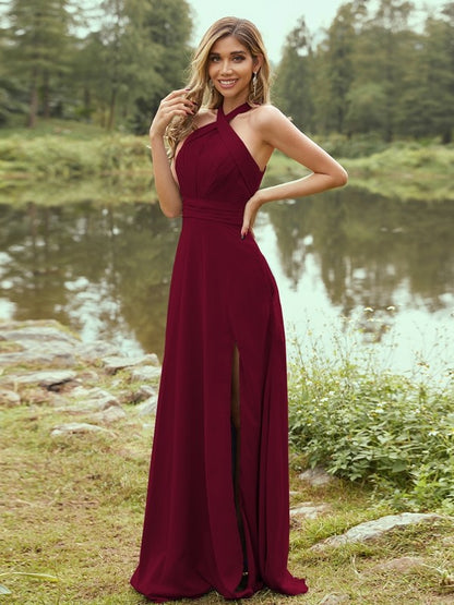 A-Line/Princess Chiffon Ruched Halter Sleeveless Sweep/Brush Train Bridesmaid Dresses