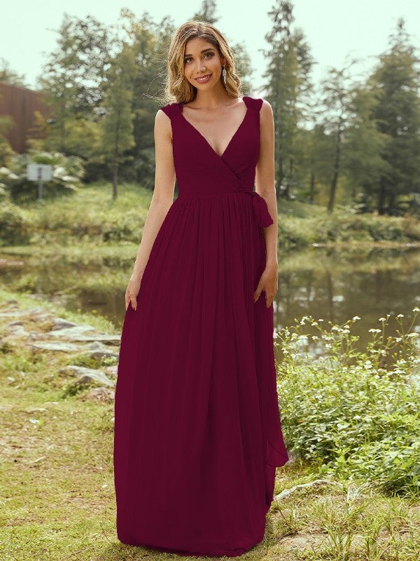 A-Line/Princess Chiffon Ruffles V-neck Sleeveless Floor-Length Bridesmaid Dresses