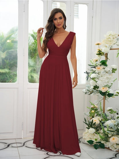 A-Line/Princess Jersey Ruffles V-neck Sleeveless Floor-Length Bridesmaid Dresses