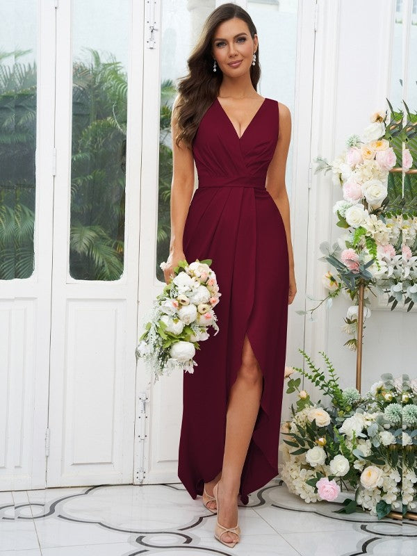 A-Line/Princess Charmeuse Ruched V-neck Sleeveless Sweep/Brush Train Bridesmaid Dresses