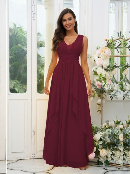 A-Line/Princess Chiffon Ruffles V-neck Sleeveless Floor-Length Bridesmaid Dresses