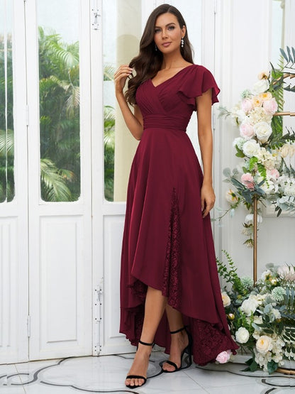 A-Line/Princess Chiffon Lace V-neck Short Sleeves Asymmetrical Bridesmaid Dresses