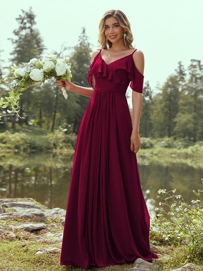 A-Line/Princess Chiffon Ruffles V-neck Sleeveless Floor-Length Bridesmaid Dresses