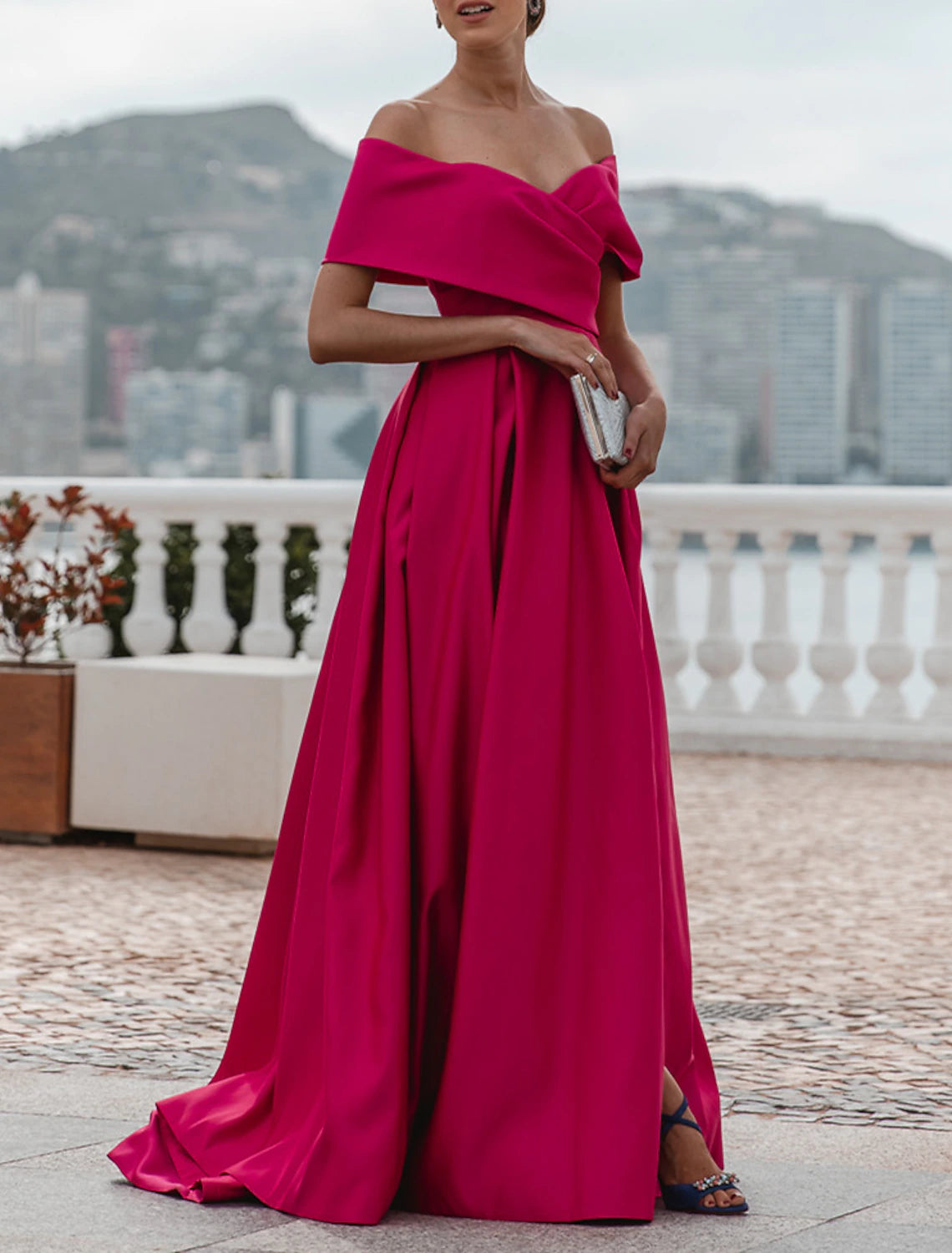 A-Line Evening Gown Party Dress Celebrity Style Dress Formal Wedding Guest Floor Length Sleeveless Off Shoulder Dress Satin with Ruched Slit