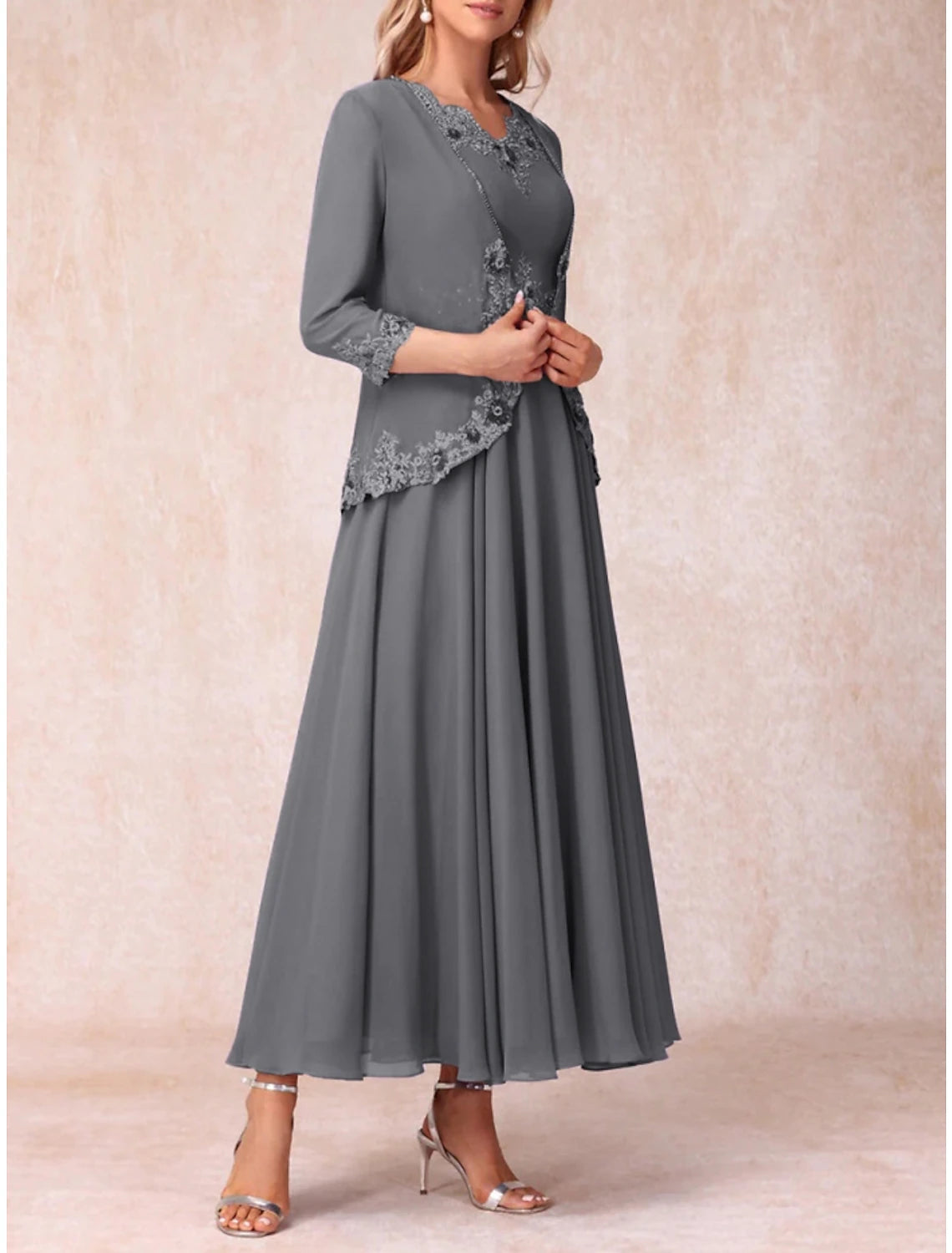 A-Line Mother of the Bride Dress Wedding Guest Elegant V Neck Ankle Length Chiffon 3/4 Length Sleeve with Lace Ruching Solid Color