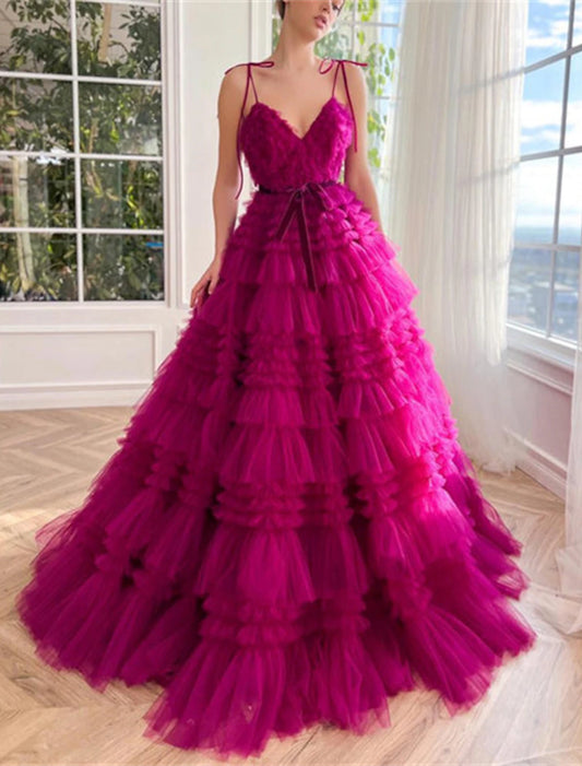 Ball Gown Evening Gown Puffy Dress Wedding Party Birthday Floor Length Sleeveless Spaghetti Strap Tulle with Ruffles Strappy