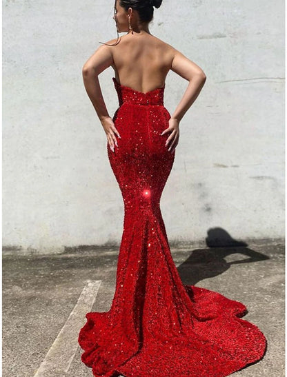 Mermaid Red Green Dress Evening Gown Sparkle & Shine Dress Prom Wedding Party Sweep / Brush Train Sleeveless Sweetheart Sequined Backless with Sequin