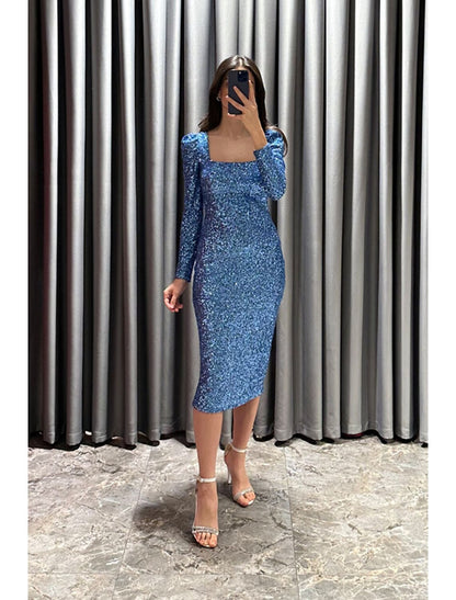 Sheath / Column Evening Gown Elegant Dress Formal Fall Tea Length Long Sleeve Square Neck Sequined with Glitter Slit