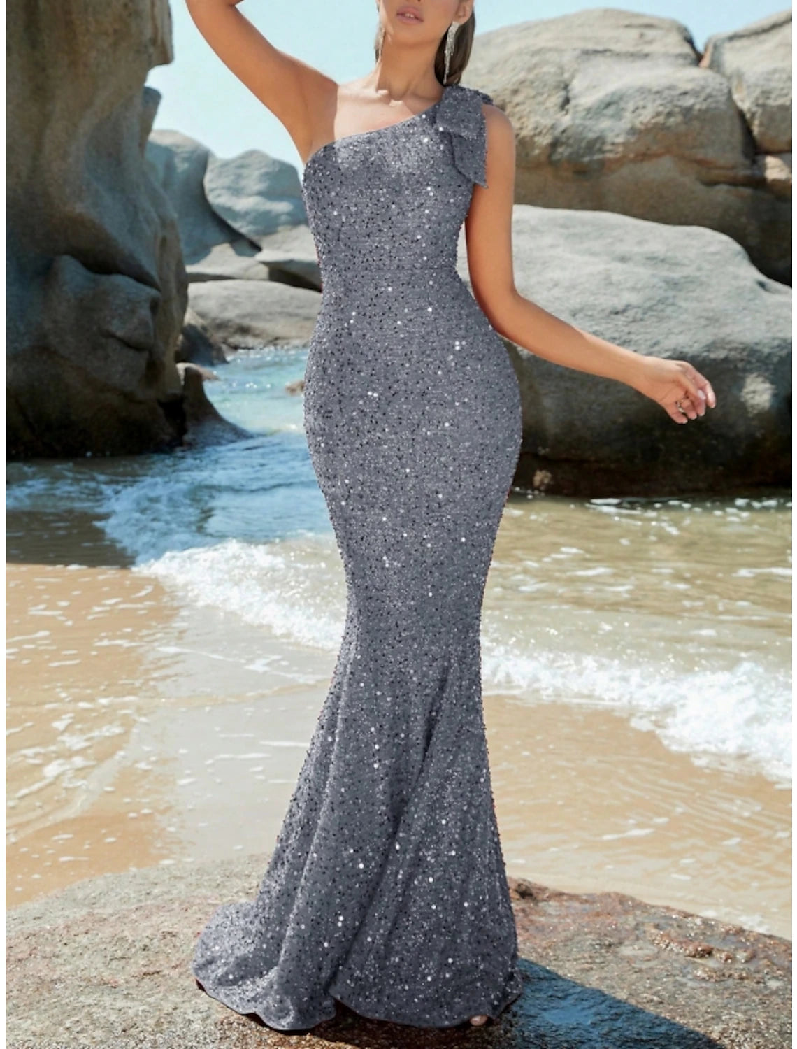 Mermaid / Trumpet Evening Gown Sparkle & Shine Dress Formal Fall Sweep / Brush Train Sleeveless One Shoulder Sequined with Glitter Shouder Flower