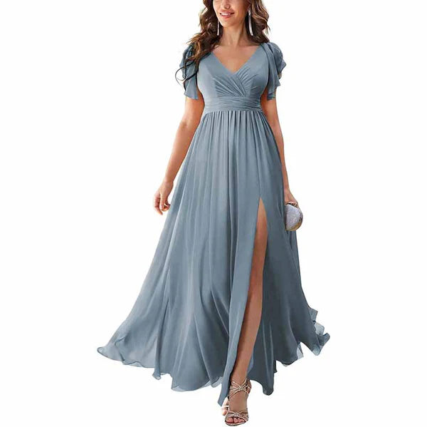 Chiffon Bridesmaid Dress V Neck Formal Dres Wedding Guest Dress With Slipt