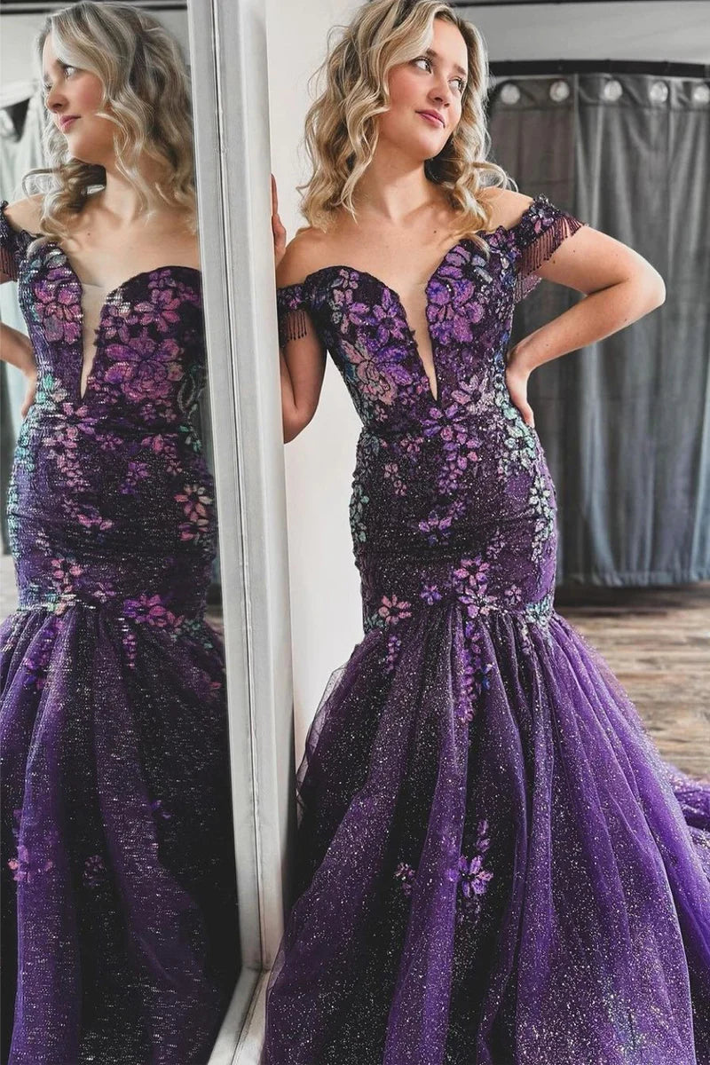 Purple Off the Shoulder Sequin Lace Mermaid Prom Dresses