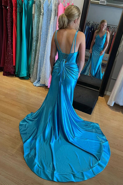 Regency Mermaid Satin V Neck Long Prom Dress with Slit