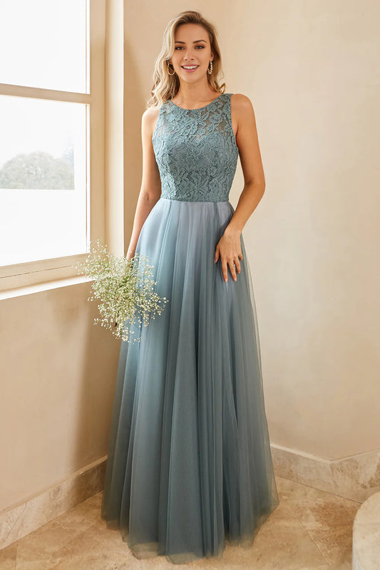 Grey Blue Tulle Bridesmaid Dress with Lace Wedding Guest Dress