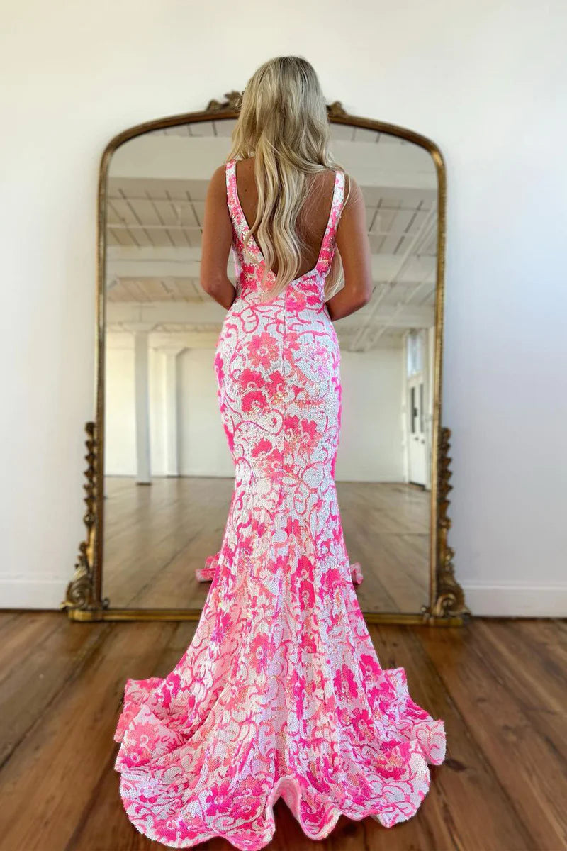 Pink V Neck Sequin Lace Mermaid Prom Dress