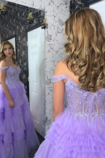 Lilac Off the Shoulder Tiered Tulle Long Prom Dresses with Appliques