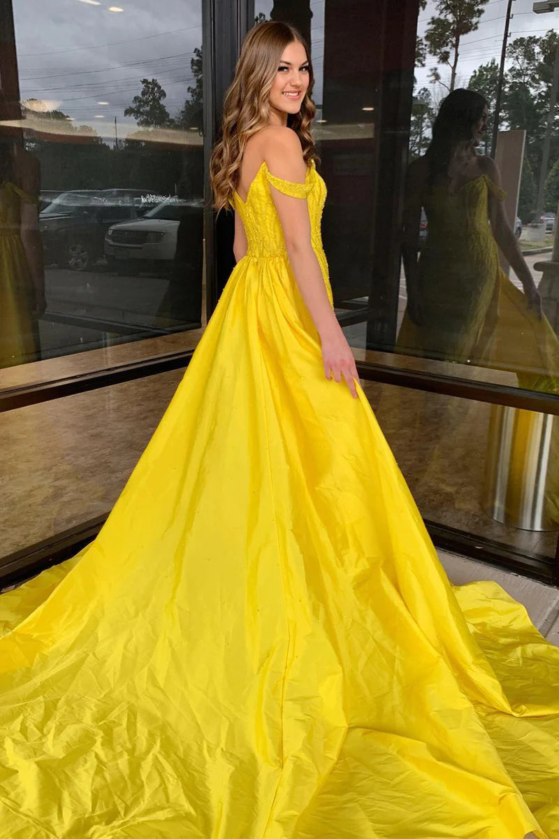 Yellow Off the Shoulder Sequin Long Prom Dresses with Detachable Train