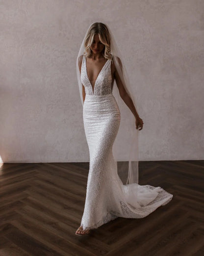Sparkly Mermaid V Neck Sequins Lace Long Wedding Dresses