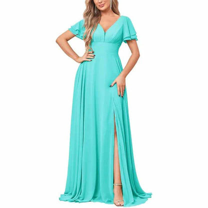 Chiffon Bridesmaid Dresses Long V Neck Formal Evening Gown with Slit