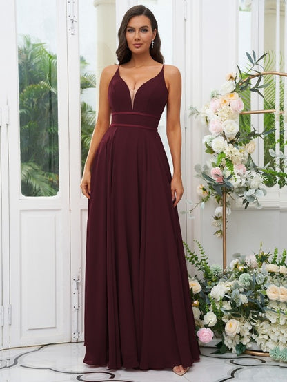 A-Line/Princess Chiffon Ruffles V-neck Sleeveless Floor-Length Bridesmaid Dresses