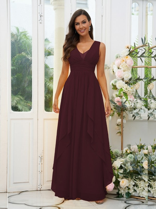 A-Line/Princess Chiffon Ruffles V-neck Sleeveless Floor-Length Bridesmaid Dresses