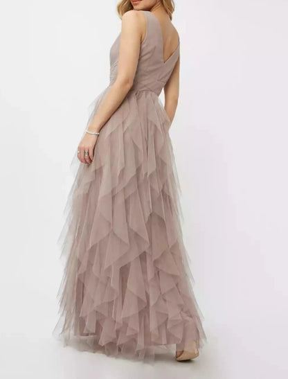 A-Line Party Dress Spring Prom Formal Evening Dress V Neck Sleeveless Floor Length Polyester with Draping Tier