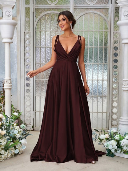 A-Line/Princess Silk like Satin Ruffles V-neck Sleeveless Sweep/Brush Train Bridesmaid Dresses