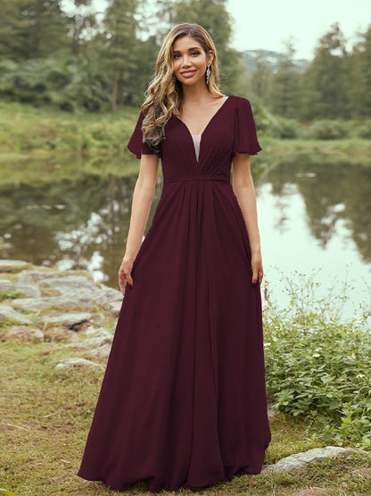 A-Line/Princess Chiffon Ruffles V-neck Short Sleeves Floor-Length Bridesmaid Dresses