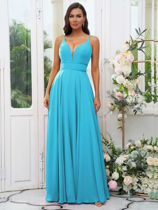 A-Line/Princess Chiffon Ruffles V-neck Sleeveless Floor-Length Bridesmaid Dresses