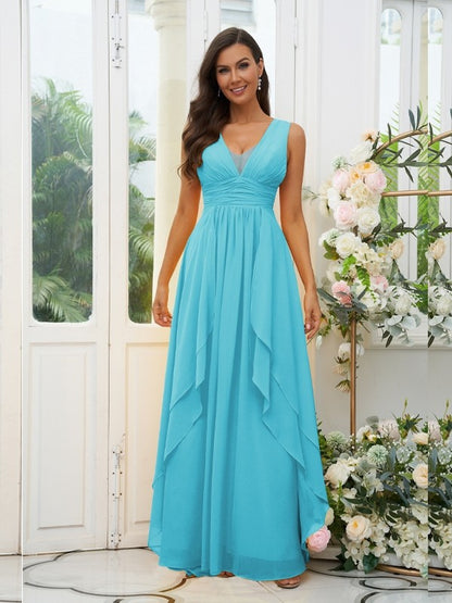 A-Line/Princess Chiffon Ruffles V-neck Sleeveless Floor-Length Bridesmaid Dresses